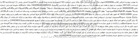 آگهی مزایده چهار دانگ مشاع ازشش دانگ پلاک ثبتی شماره 421