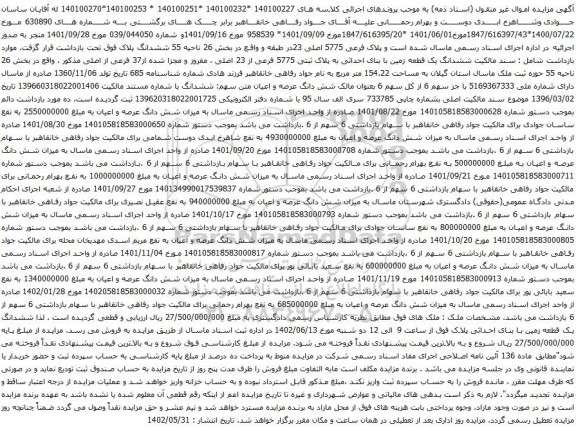 آگهی مزایده ششدانگ یک قطعه زمین با بنای احداثی به پلاک ثبتی 5775 فرعی از 23 اصلی