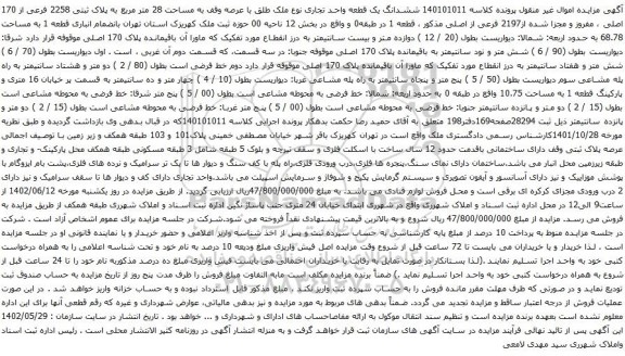 آگهی مزایده ششدانگ یک قطعه واحد تجاری نوع ملک طلق با عرصه وقف به مساحت 28 متر مربع به پلاک ثبتی 2258 فرعی از 170 اصلی