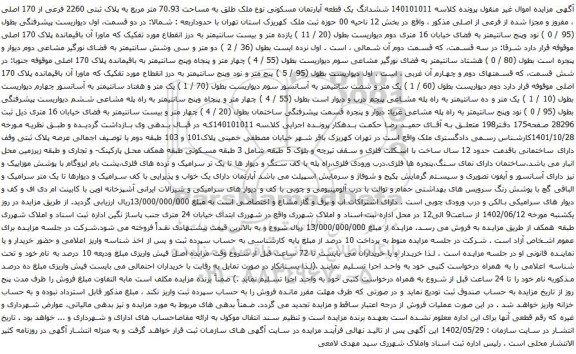 آگهی مزایده ششدانگ یک قطعه آپارتمان مسکونی نوع ملک طلق به مساحت 70.93 متر مربع به پلاک ثبتی 2260 فرعی از 170 اصلی