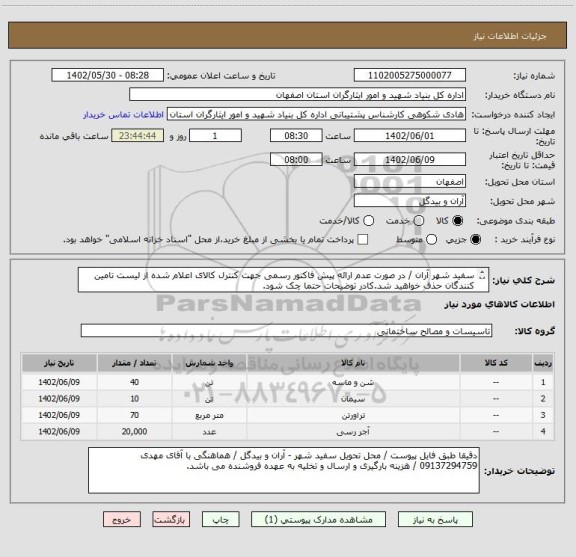 استعلام سفید شهر آران / در صورت عدم ارائه پیش فاکتور رسمی جهت کنترل کالای اعلام شده از لیست تامین کنندگان حذف خواهید شد.کادر توضیحات حتما چک شود.
