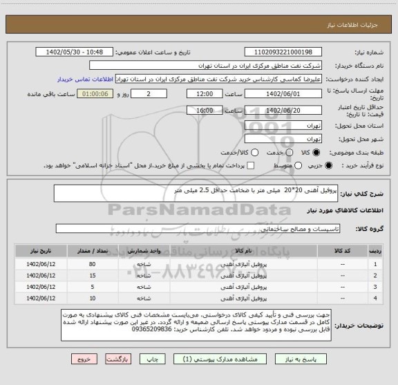 استعلام پروفیل آهنی 20*20  میلی متر با ضخامت حداقل 2.5 میلی متر