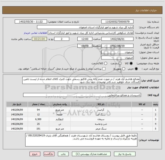 استعلام مصالح هاشم آباد هرند / در صورت عدم ارائه پیش فاکتور رسمی جهت کنترل کالای اعلام شده از لیست تامین کنندگان حذف خواهید شد.کادر توضیحات حتما چک شود