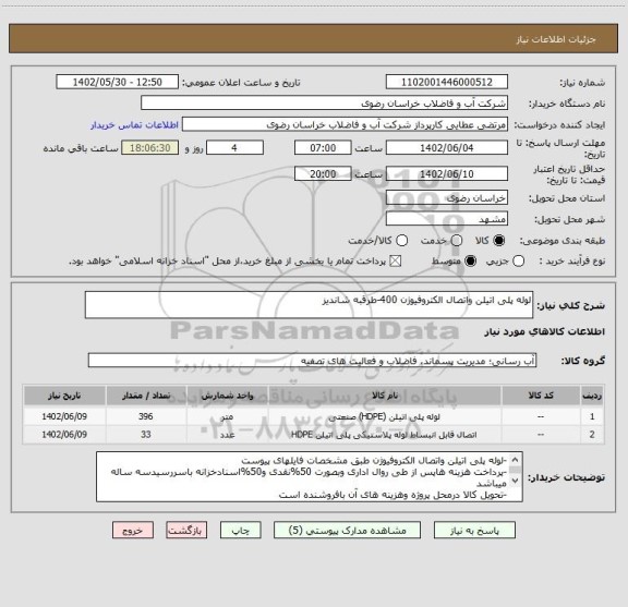 استعلام لوله پلی اتیلن واتصال الکتروفیوژن 400-طرقبه شاندیز
