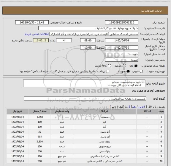 استعلام خرید سیمان،گچ،... مصالح
اعلام قیمت طبق فایل پیوست
حتما واحد کالاها طبق فایل پیوست محاسبه گردد