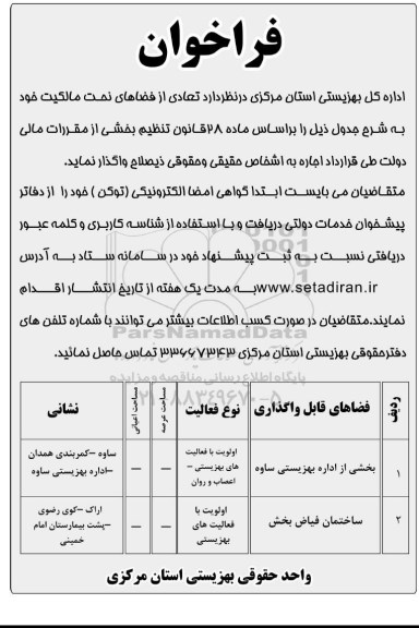 فراخوان تعدادی از فضاهای تحت مالکیت