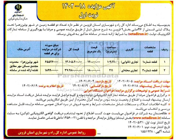 مزایده فروش تعداد دو قطعه زمین