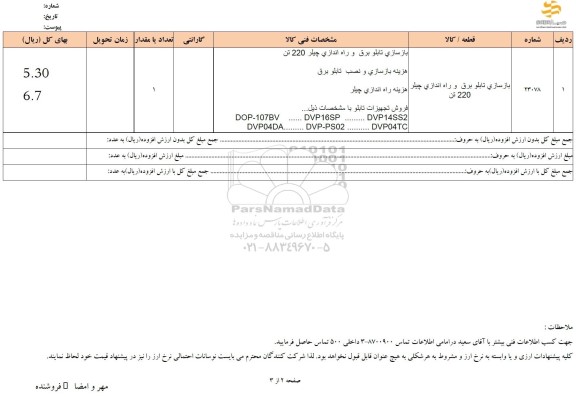 استعلام بازسازی تابلو برق و راه اندازی چیلر 220 تن 
