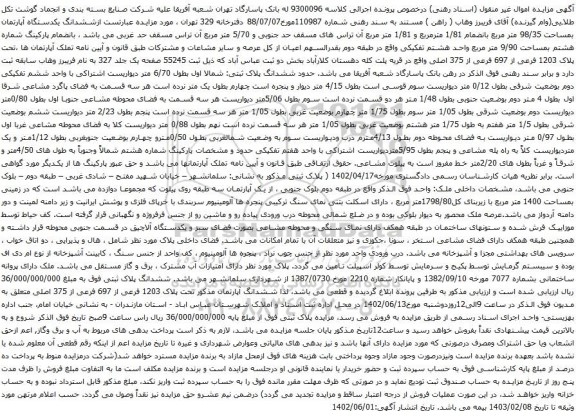 آگهی مزایده ششدانگ یکدستگاه آپارتمان بمساحت 98/35 متر مربع بانضمام 1/81 مترمربع و 1/81 متر مربع