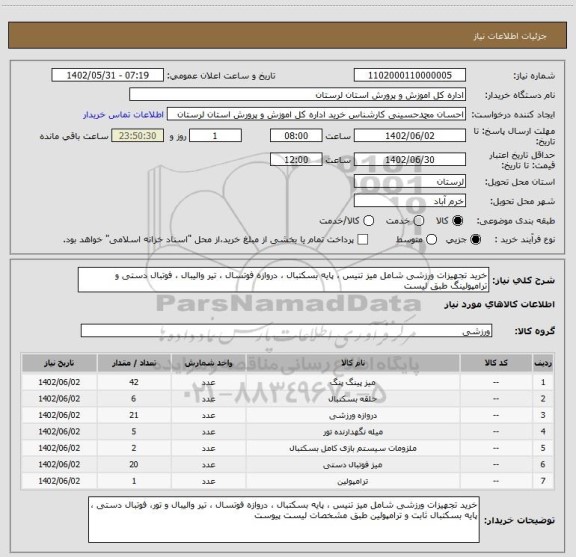 استعلام خرید تجهیزات ورزشی شامل میز تنیس ، پایه بسکتبال ، دروازه فوتسال ، تیر والیبال ، فوتبال دستی و ترامپولینگ طبق لیست