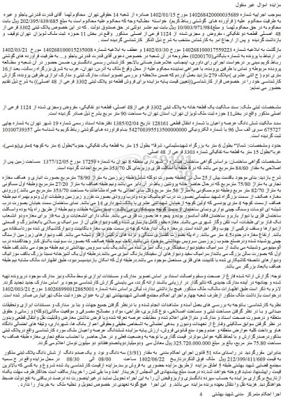 مزایده فروش پلاک ثبتی 3302 فرعی از 48 اصلی قطعه دو تفکیکی ، مفروض و مجزی شده از 1124 فرعی از اصلی