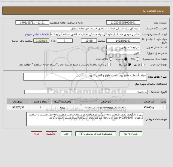 استعلام اجرای آسفالت معابر روستاهای علولو و کلانتر شهرستان کلیبر