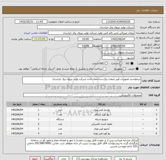 استعلام درخواست تجهیزات فیبر صنعت برق-ساختمان لادن شرکت تولید نیروی برق خراسان