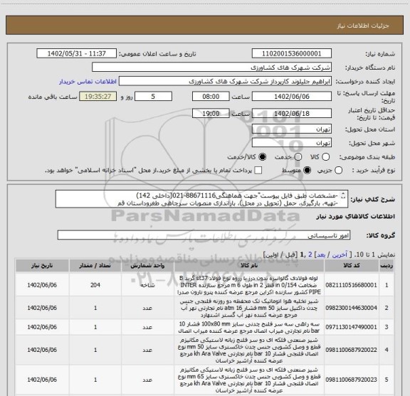 استعلام -مشخصات طبق فایل پیوست"جهت هماهنگی88671116-021(داخلی 142)
-تهیه، بارگیری، حمل (تحویل در محل)، باراندازی منصوبات سرچاهی طغروداستان قم