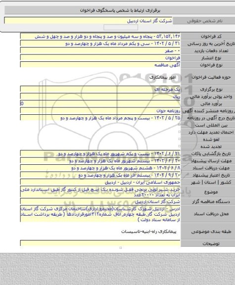 مناقصه, خرید شیر توپی برنجی قفل شونده یک اینچ قبل از کنتور گاز طبق استاندارد ملی ایران به تعداد  ۲۰۰۰۰عدد