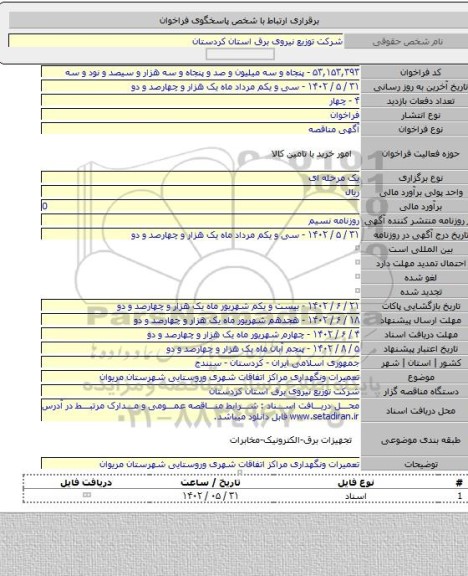 مناقصه, تعمیرات ونگهداری مراکز اتفاقات شهری وروستایی شهرستان مریوان