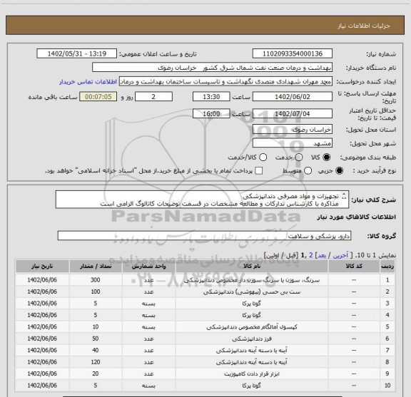 استعلام تجهیزات و مواد مصرفی دندانپزشکی 
مذاکره با کارشناس تدارکات و مطالعه مشخصات در قسمت توضیحات کاتالوگ الزامی است 
شماره  همراه مدیر فروش الزامی است