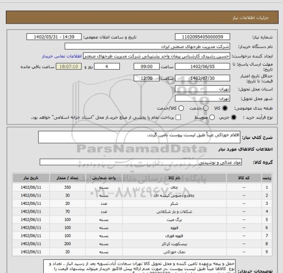 استعلام اقلام خوراکی عیناً طبق لیست پیوست تامین گردد.