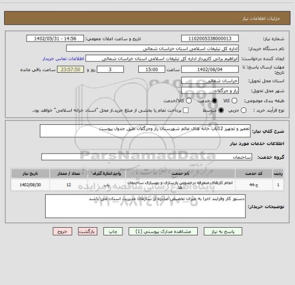 استعلام تعمیر و تجهیز 12باب خانه های عالم شهرستان راز وجرگلان طبق جدول پیوست