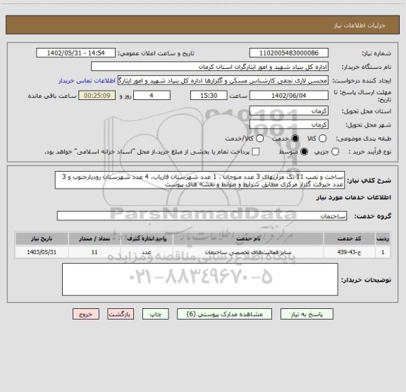 استعلام ساخت و نصب 11 تک مزاریهای 3 عدد منوجان ، 1 عدد شهرستان فاریاب، 4 عدد شهرستان رودبارجنوب و 3 عدد جیرفت گلزار مرکزی مطابق شرایط و ضوابط و نقشه های پیوست