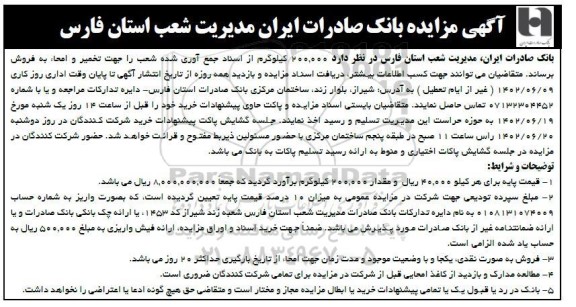 مزایده فروش 200.000 کیلوگرم از اسناد جمع آوری شده شعب...