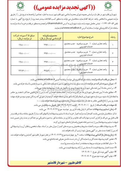 مزایده اجاره 4 واحد تجاری تجدید