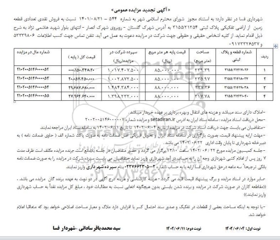 تجدید مزایده فروش نقدی تعدادی قطعه زمین از اراضی تفکیکی پلاک ثبتی 21254/ 3155  