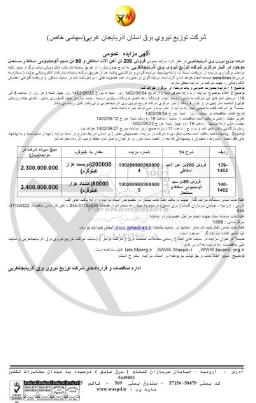 مزایده فروش 200 تن آهن آلات اسقاطی و 80 تن سیم آلومینیومی...