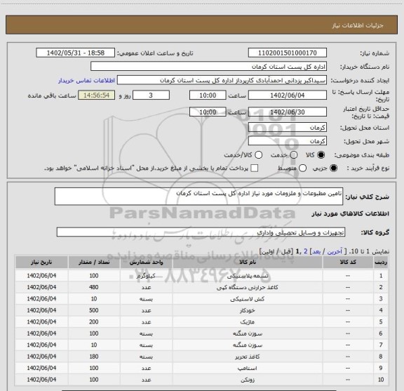 استعلام تامین مطبوعات و ملزومات مورد نیاز اداره کل پست استان کرمان، سامانه تدارکات الکترونیکی دولت