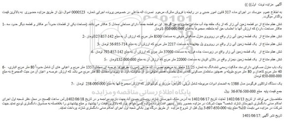 مزایده فروش شش هفتم مشاع از دو قطعه زمین آبی زار که از یک حلقه چاه آب مشاعی
