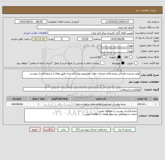 استعلام تولید مستند طراحی پنجره واحد خدمات دولت هوشمند مرکزآمار ایران طبق مفاد و شرایط قرارداد پیوست