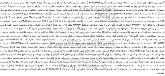 آگهی مزایده شش دهم دانگ مشاع از شش دانگ عرصه و اعیان پلاک ثبتی بیست و دو فرعی از ششصد و نود و چهار اصلی