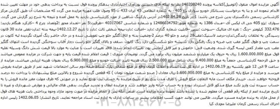 آگهی مزایده سواری :پژو 405 جی ال ایکس آی –مدل 1386