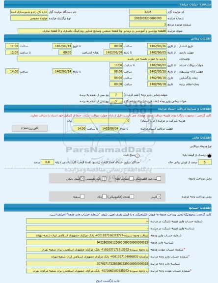 مزایده ، 6قطعه ورزشی و آموزشی و درمانی و6 قطعه صنعتی وصنایع غذایی وپارکینگ دامداری و 9 قطعه تجاری -مزایده زمین - استان یزد