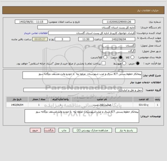استعلام پیمانکار خطوط پستی ICT سرق و غرب شهرستان  مراوه تپه  با خودرو وانت مسقف دوگانه سوز