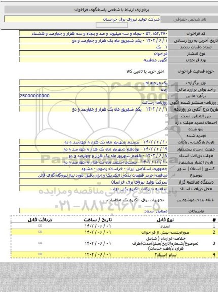 مناقصه, مناقصه خرید قطعات یدکی الکتریک و ابزار دقیق مورد نیاز نیروگاه گازی قائن