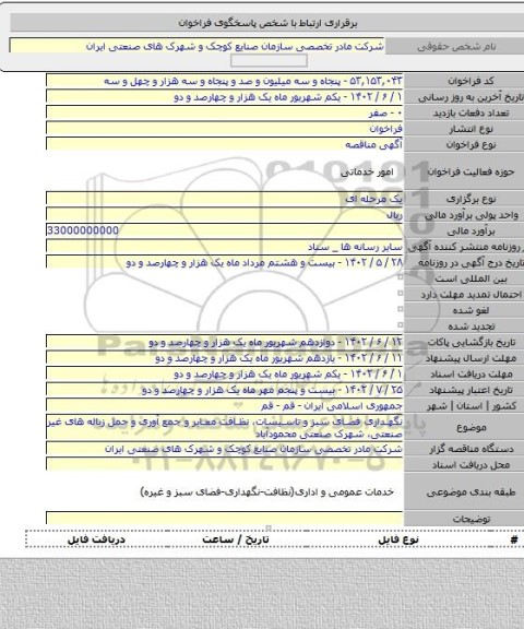 مناقصه, نگهداری فضای سبز و تاسیسات، نظافت معابر و جمع آوری و حمل زباله های غیر صنعتی، شهرک صنعتی محمودآباد