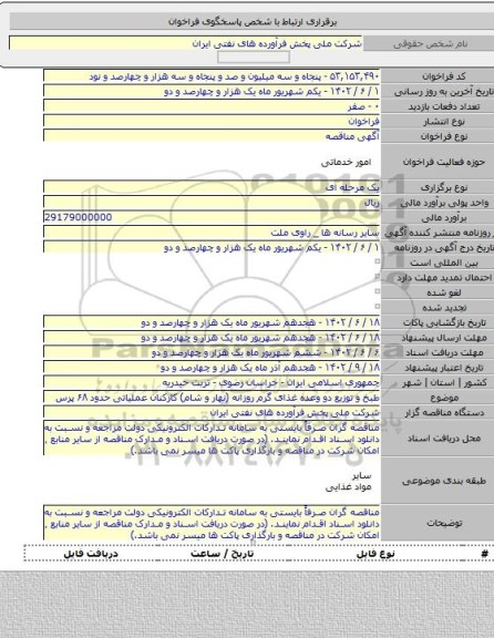 مناقصه, طبخ و توزیع دو وعده غذای گرم روزانه (نهار و شام) کارکنان عملیاتی حدود ۶۸ پرس