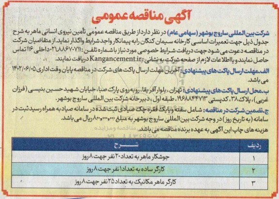مناقصه تامین نیروی انسانی ماهر