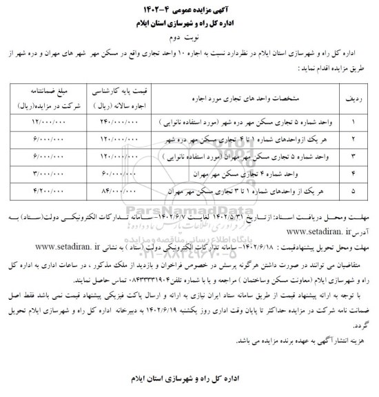 مزایده اجاره 10 واحد تجاری - نوبت دوم