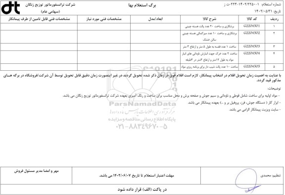 استعلام برشکاری و ساخت 20 عدد پالت هسته چینی و ....