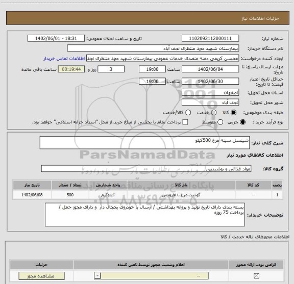 استعلام شینسل سینه مرغ 500کیلو