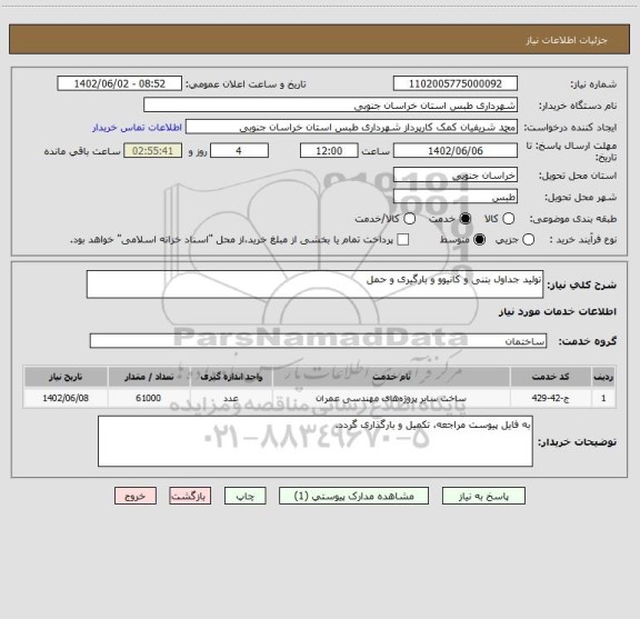 استعلام تولید جداول بتنی و کانیوو و بارگیری و حمل