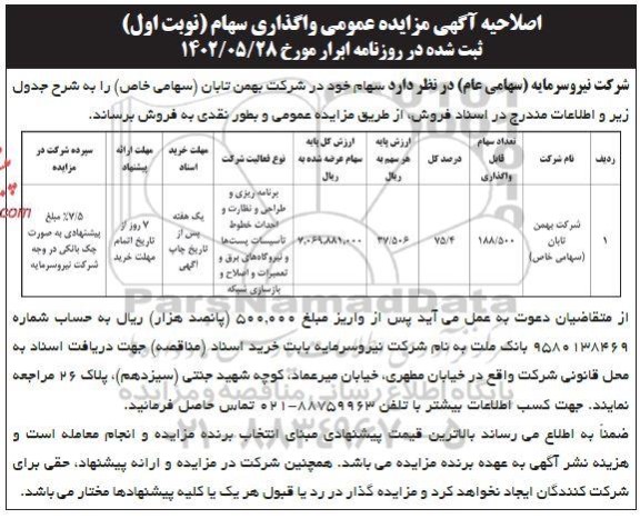 اصلاحیه مزایده فروش سهام