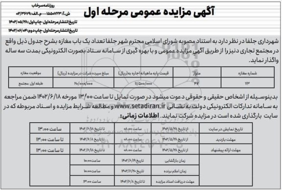 مزایده تعداد یک باب مغازه 