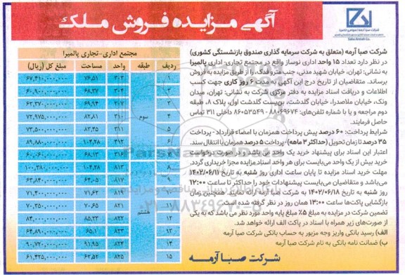 مزایده فروش 15 واحد اداری نوساز