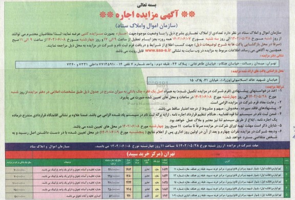 مزایده اجاره تعدادی از املاک تجاری