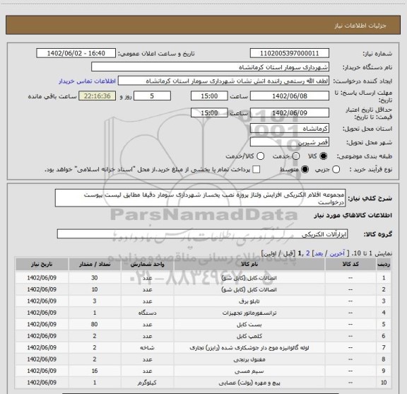 استعلام مجموعه اقلام الکتریکی افزایش ولتاژ پروژه نصب یخساز شهرداری سومار دقیقا مطابق لیست پیوست درخواست