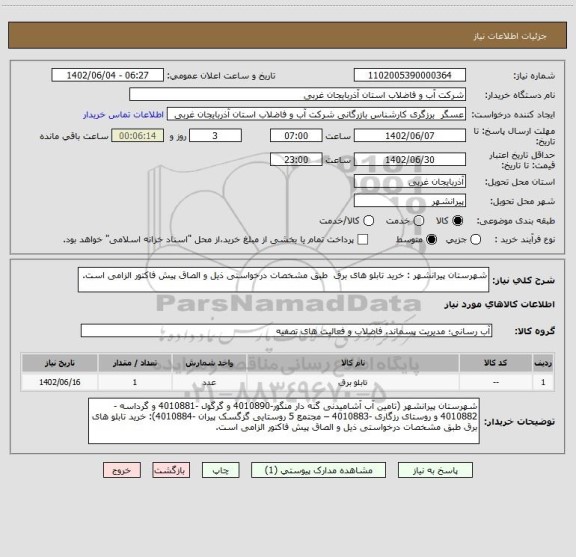 استعلام شهرستان پیرانشهر : خرید تابلو های برق  طبق مشخصات درخواستی ذیل و الصاق پیش فاکتور الزامی است.