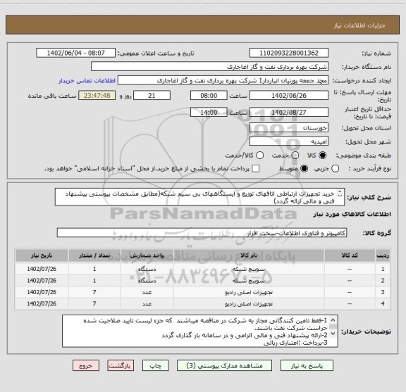 استعلام خرید تجهیزات ارتباطی اتاقهای توزیع و ایستگاههای بی سیم شبکه(مطابق مشخصات پیوستی پیشنهاد فنی و مالی ارائه گردد)
ایران کد استفاده شده مشابه میباشد